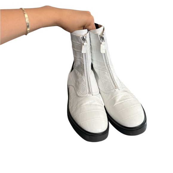 STUART WEITZMAN Lodge Zip Croc Embossed White Zipper Leather Boots - Picture 7 of 12